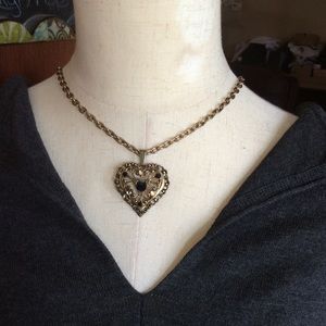 Gold Tone Black and Gold Stone Heart Necklace, Pre-owned